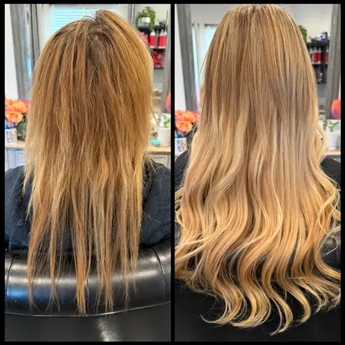 Denver HAIR EXTENSIONS Client is recovering from a bleach hair to black hair, back to caramel blonde(..)