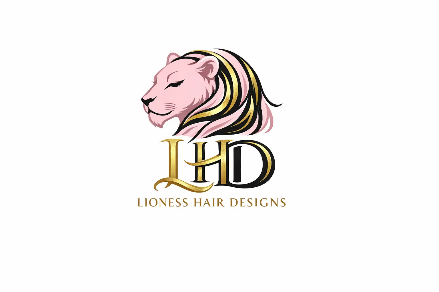 lioness hair designs, a black and gold, three color, luxury icon brand, feminine, easy to stitch onto clothing, initials LHD, pastel pink lioness