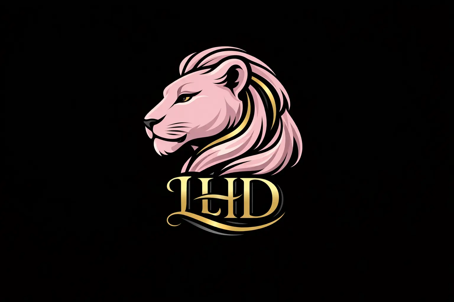 lioness hair designs, LHD initials, a black and gold, three color, luxury icon brand, easy to stitch onto clothing, feminine, muted pastel pink lion