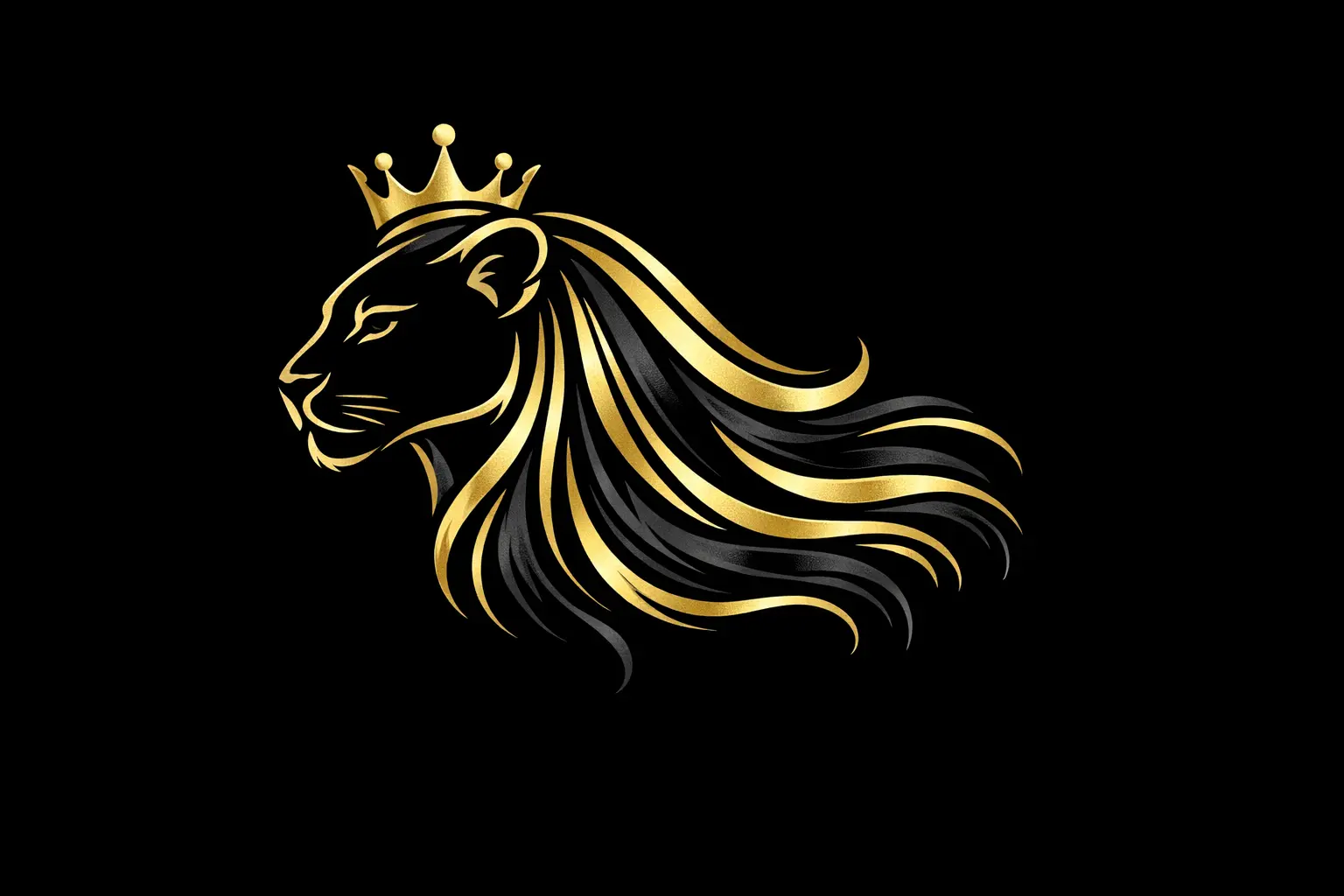 lioness hair extensions, a luxury upscale brand icon, in black and gold, three colors, easy to stitch onto clothing, NO TEXT