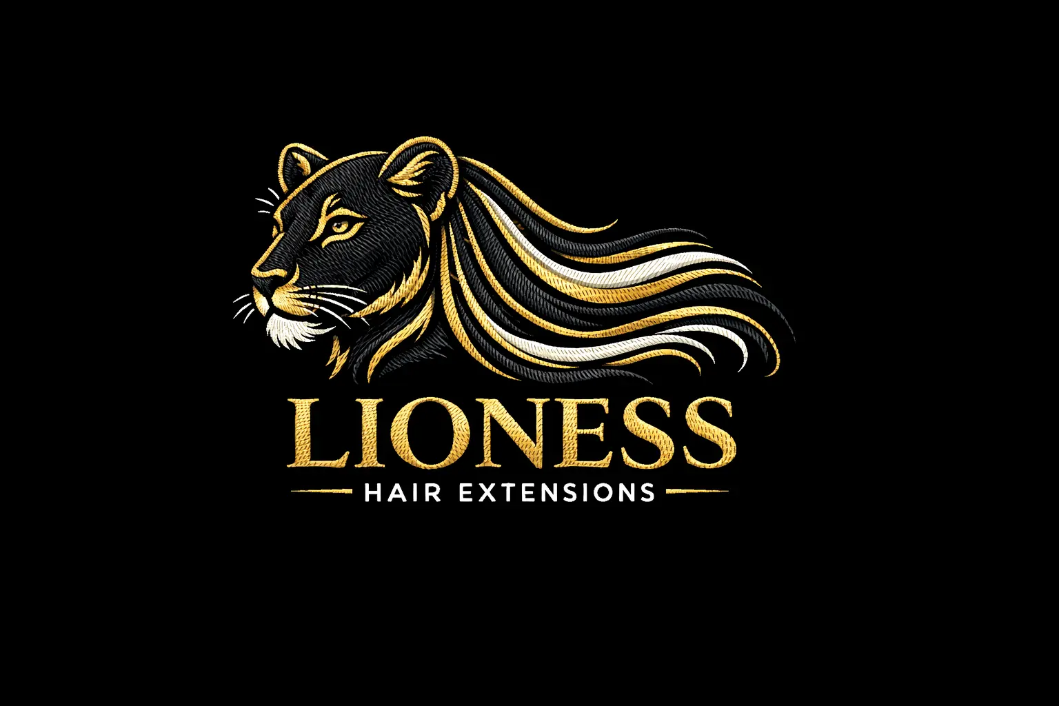 a hair extensions logo using a lioness, luxury brand black and gold colors, 3 color icon that can be easily stitched onto shirts