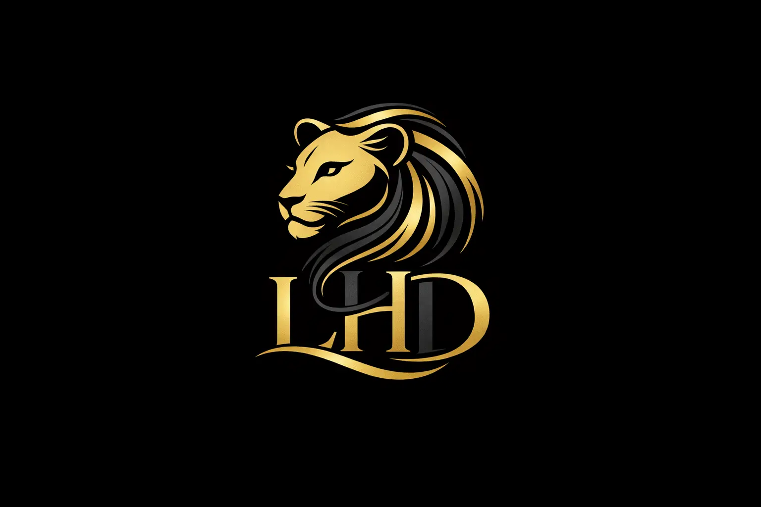 lioness hair designs, a black and gold, three color, luxury, feminine, icon brand, easy to stitch onto clothing, letters L H D